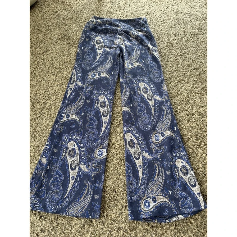 Maeve by Anthropologie Metallic Paisley  Blue Wide-Leg Pants Zip Zipper 4